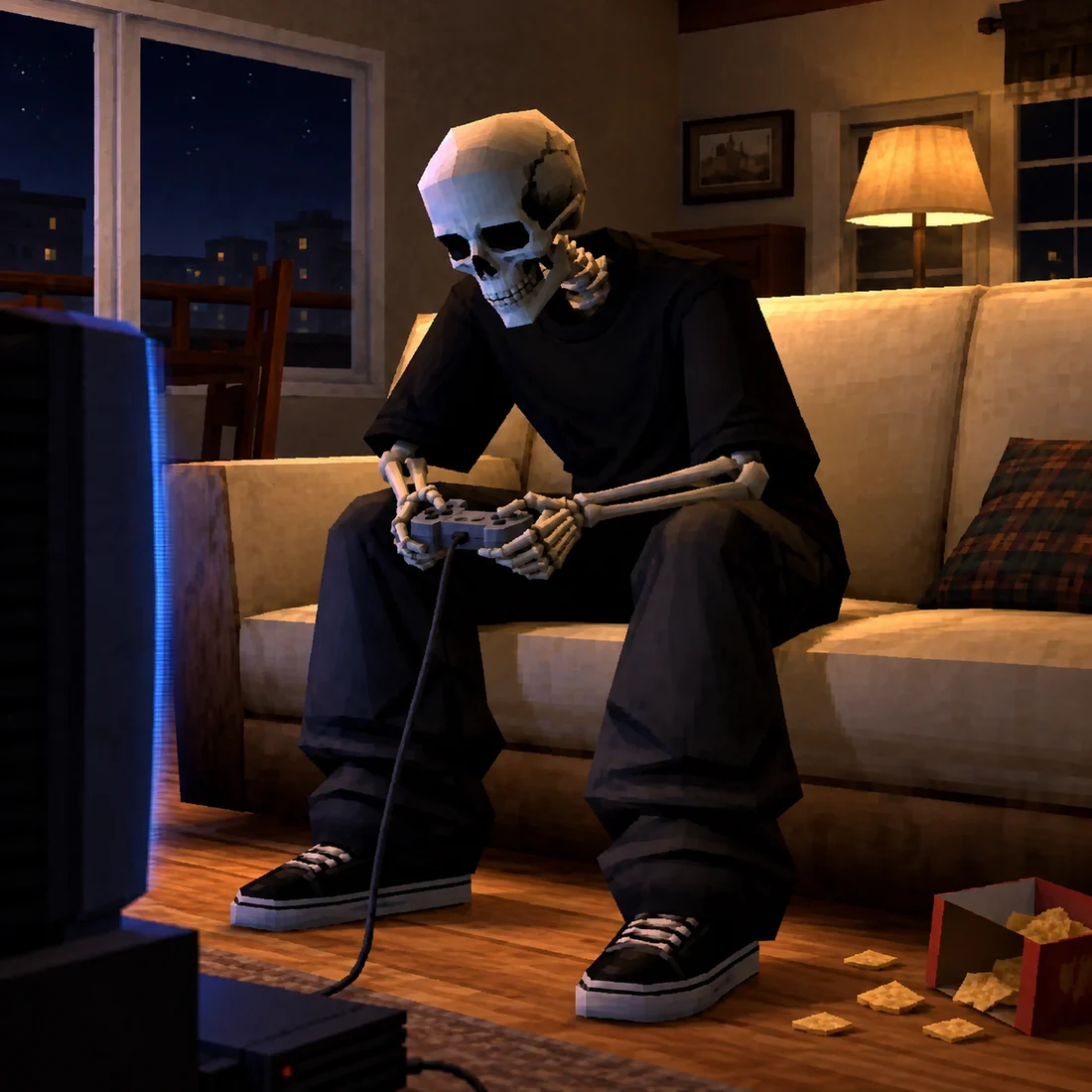 SKU gaming in his apartment